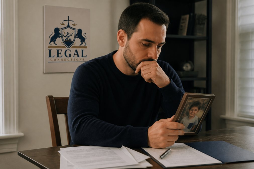 A parent sitting at a wooden table with legal documents and a pen, looking thoughtfully at a framed photo of their child, in a softly lit home office