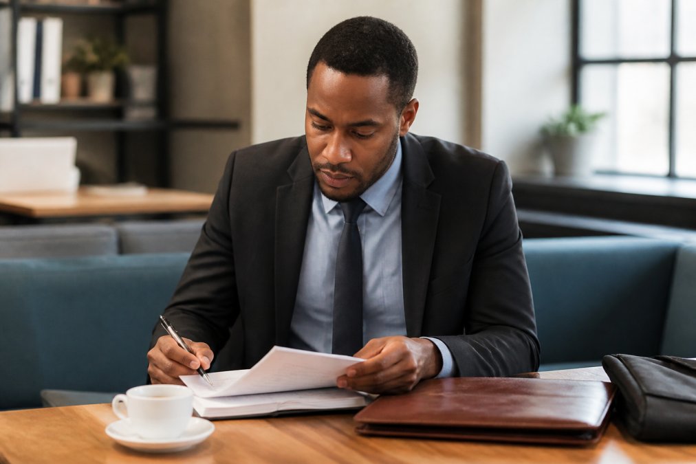 Professional in business attire reviewing interview notes at desk with laptop, preparing for job interview with coffee cup nearby
