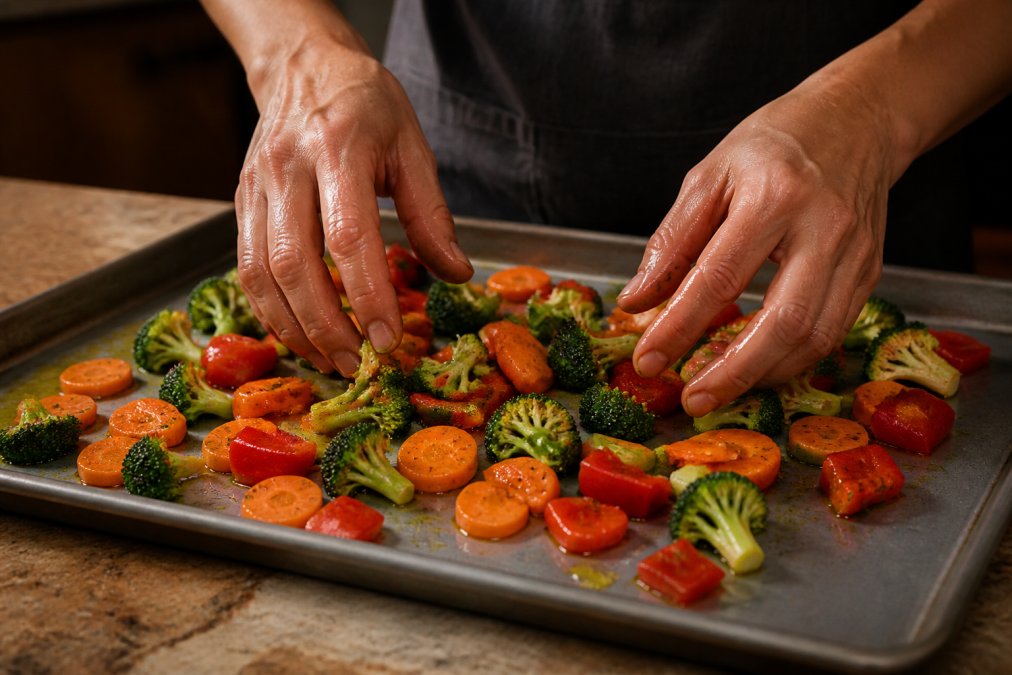 Hands tossing chopped carrots, broccoli, and peppers with oil for crispy roasted vegetables on a baking sheet.