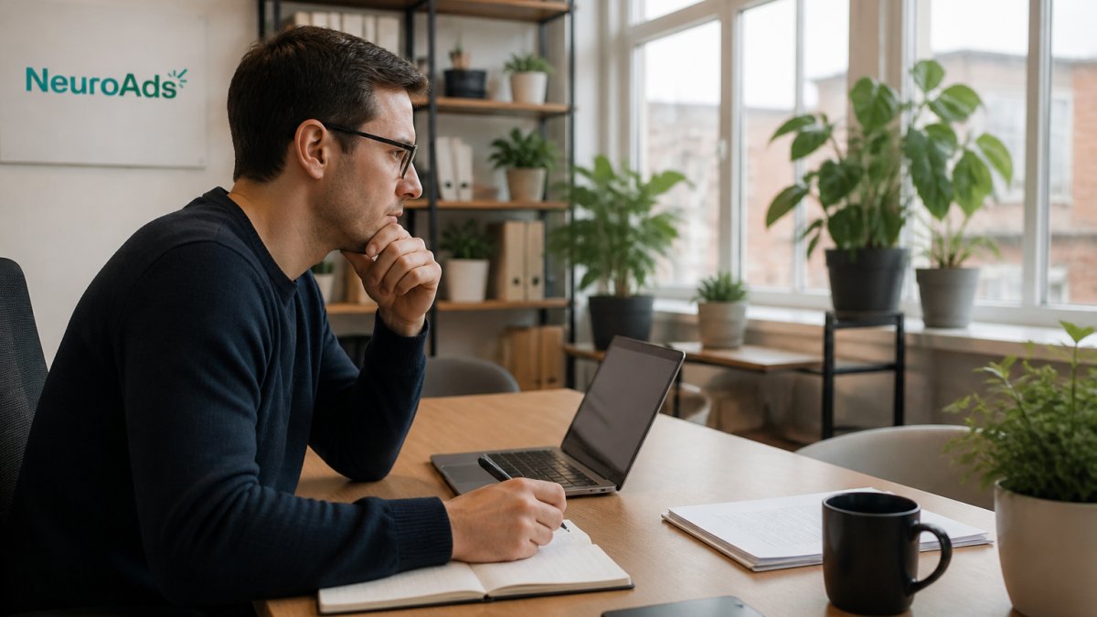 Paid media manager analyzing campaign performance across multiple advertising dashboards on desktop monitors in a modern office with natural window lighting