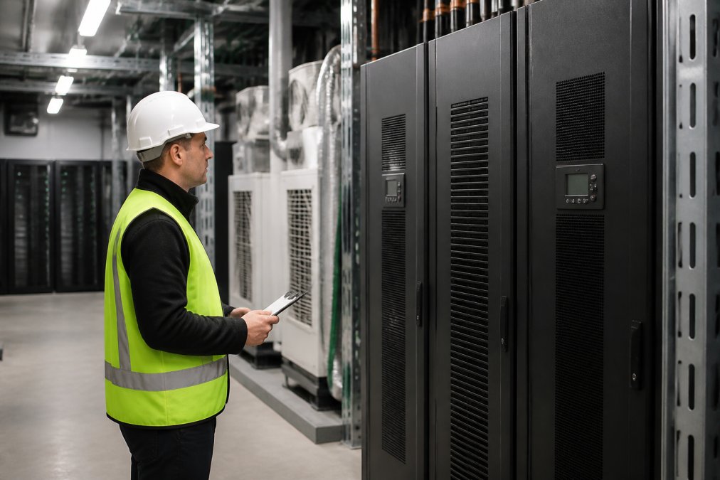 A facilities engineer in a hard hat and high-visibility vest inspecting large UPS units and cooling equipment inside a hospital mechanical plant room, with server racks visible in the background
