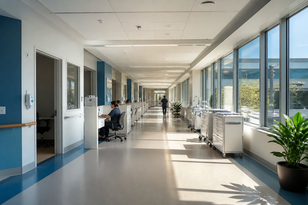 A modern hospital corridor with natural light flooding through large windows, showing well-spaced workstations and clean architectural lines that reflect thoughtful facility planning