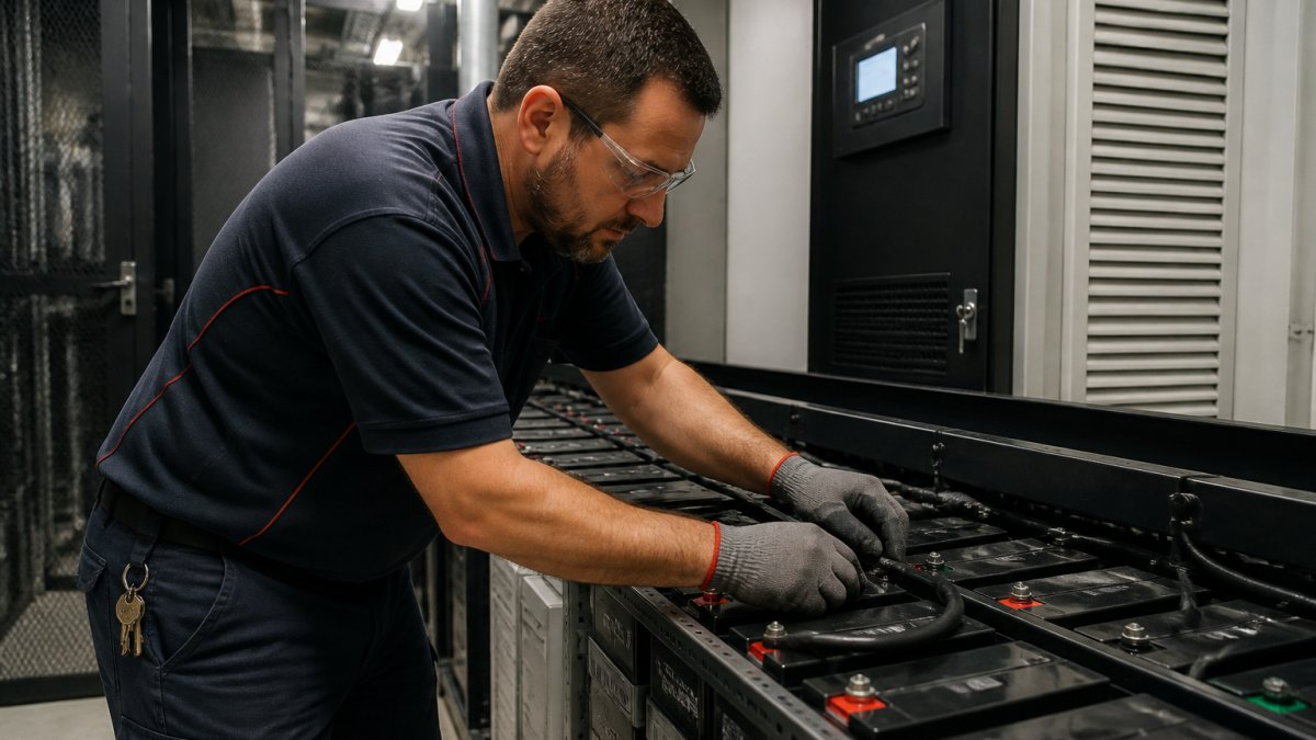 Technician performing preventative maintenance on a hospital UPS battery system with a monitoring dashboard