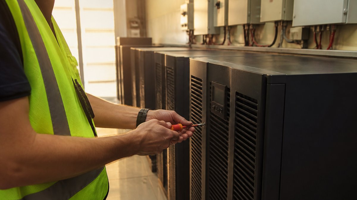 A data centre technician in a high-visibility vest inspecting a row of precision cooling units and UPS systems in a brightly lit server room, with power distribution units visible on the wall