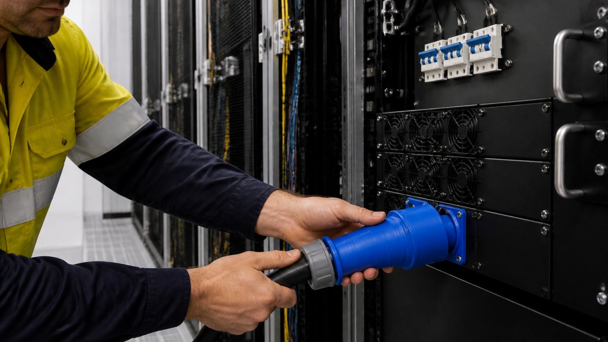 Electrician connecting a UPS output to a power distribution unit inside a data centre white space
