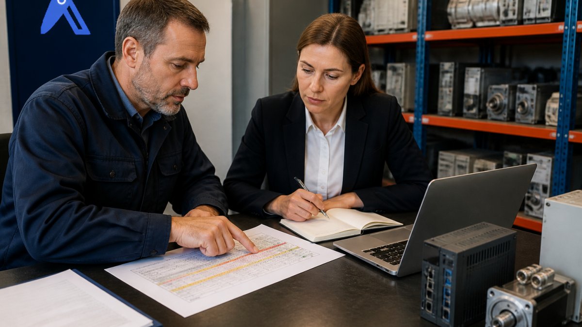 Maintenance staff reviewing a printed critical spares matrix scoring sheet at an industrial plant office desk