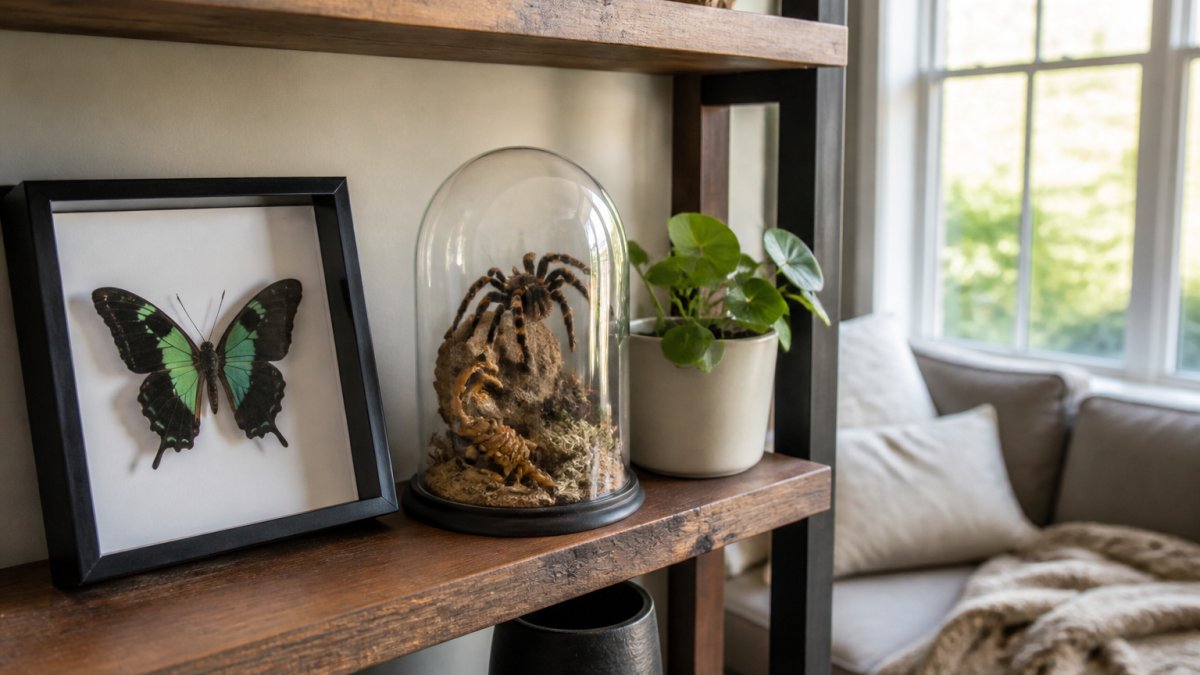 A bright living room shelf styled with a framed butterfly specimen, a glass dome containing a tarantula and scorpion, and a small potted plant, with natural light coming from a window