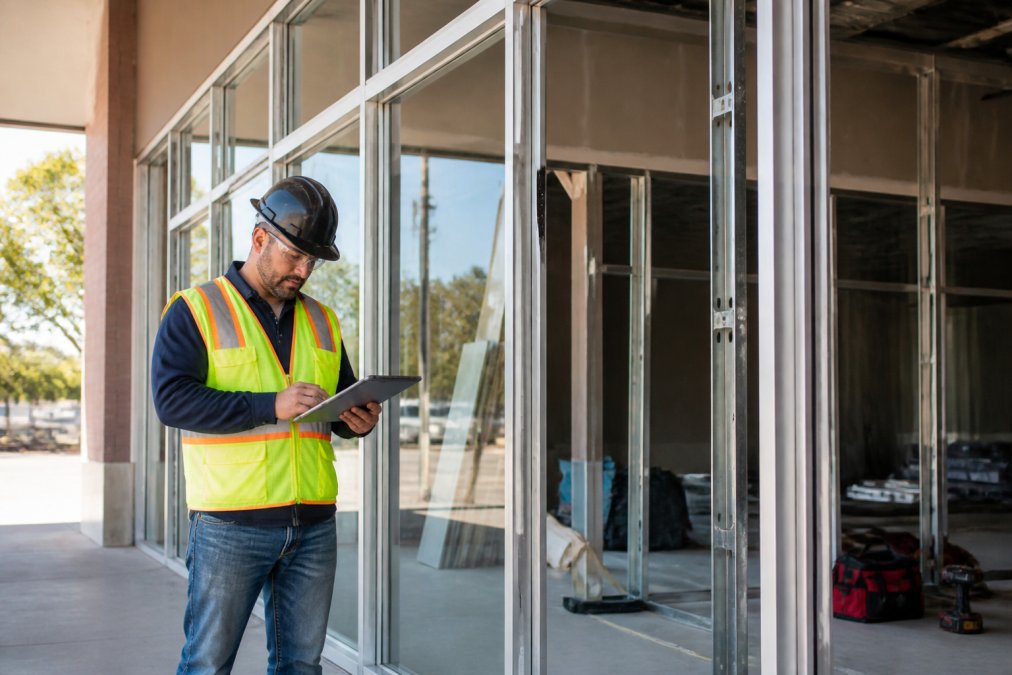 A commercial contractor in a hard hat and work vest reviewing blueprints on a tablet while standing in front of a glass storefront under renovation, with aluminum framing visible and natural daylight streaming through
