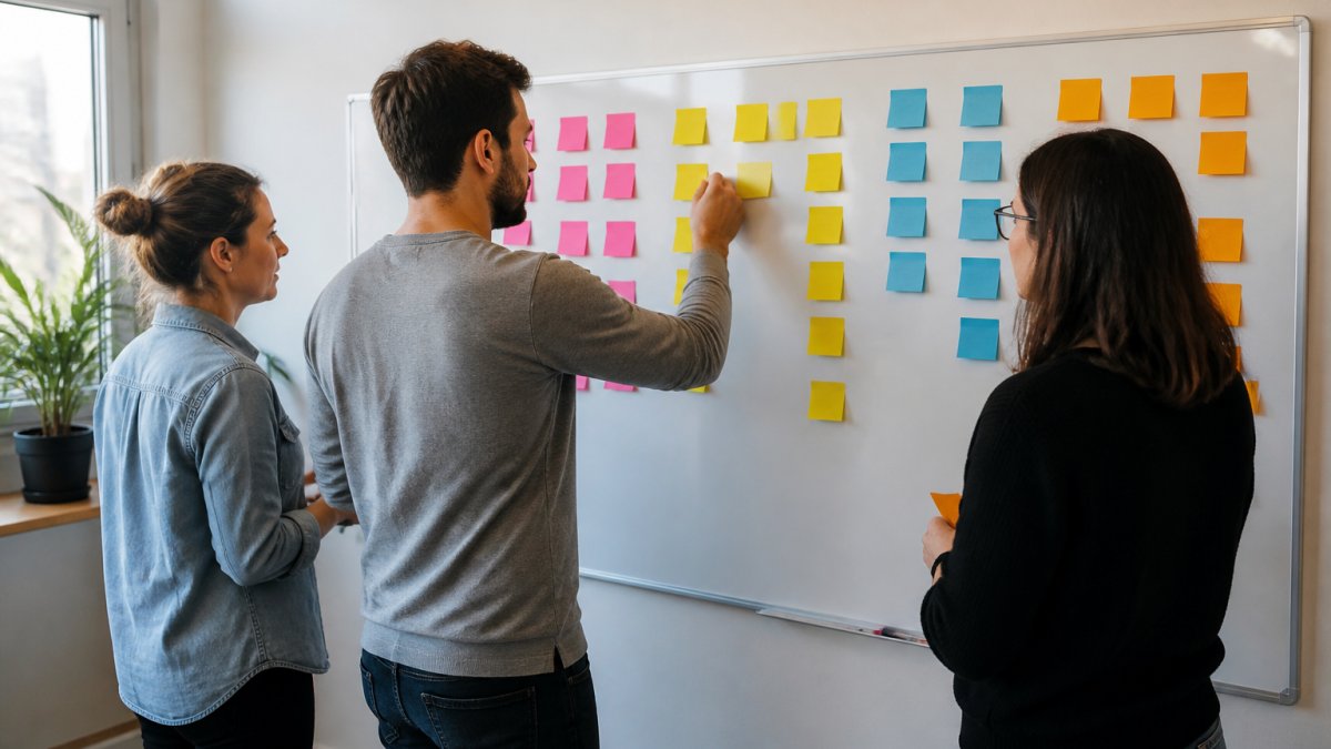 Three colleagues mapping sales pipeline stages on a whiteboard to plan crm automation workflows