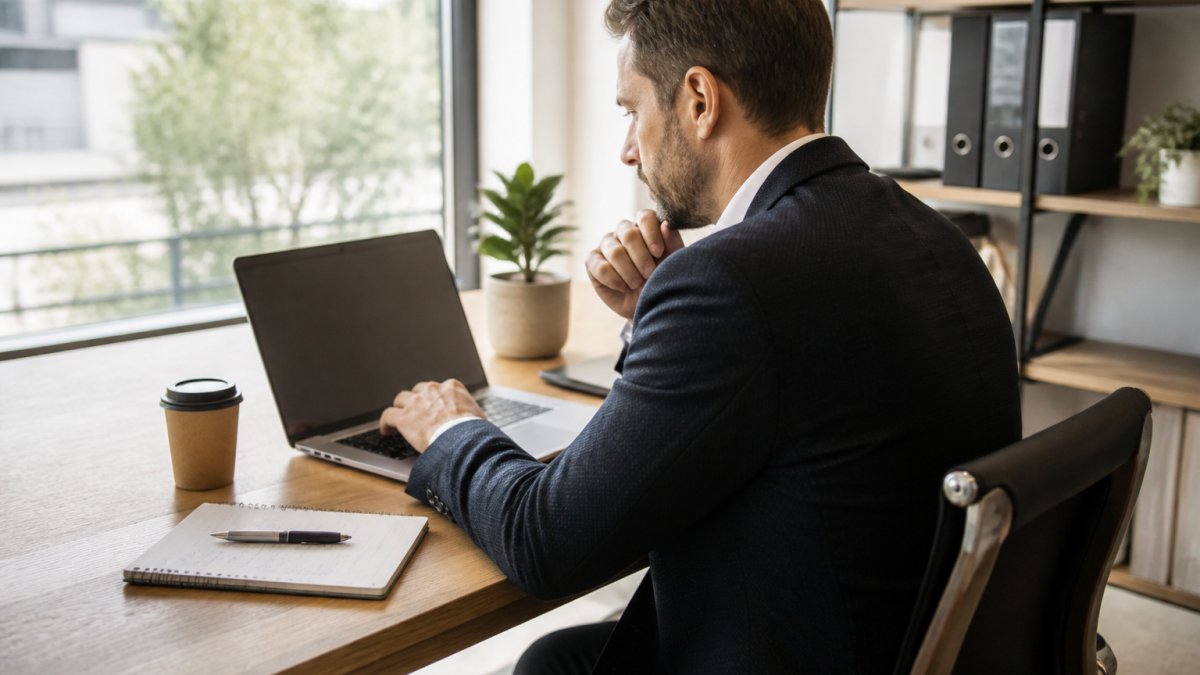 A business consultant reviewing customer data on a laptop screen in a bright modern office, with a notebook and coffee nearby, showing focused work on client relationships