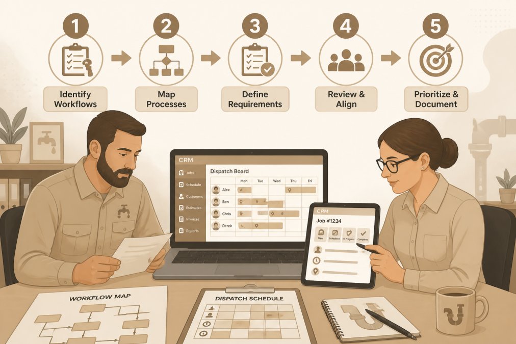 Plumbing business owner and office manager reviewing workflow documents and dispatch schedules at a desk with a laptop and tablet showing CRM interface