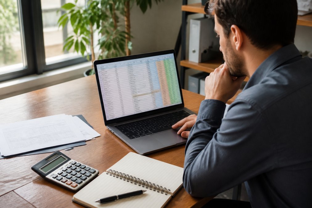 Business owner reviewing a detailed cost breakdown spreadsheet on a laptop with a calculator and notepad on a wooden desk, natural office lighting streaming through windows