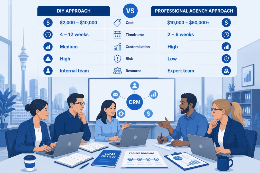 Diverse team of software developers and business consultants collaborating around a table with laptops, notebooks, and project documentation in a bright, modern office with floor-to-ceiling windows