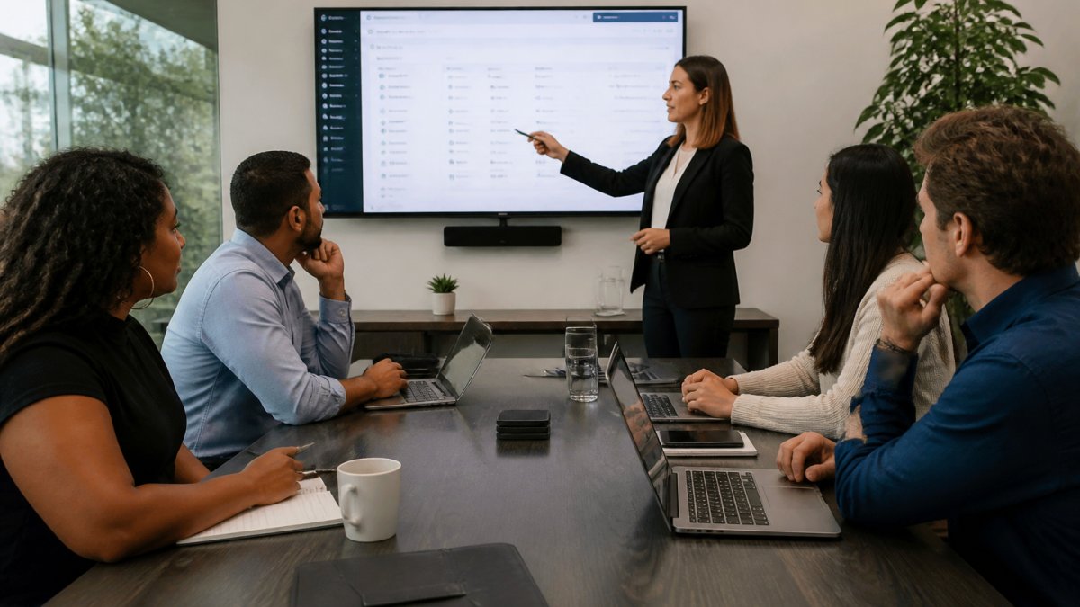 A small group of consultants in a bright conference room watching a colleague demonstrate a CRM dashboard on a wall-mounted screen, laptops open on the table