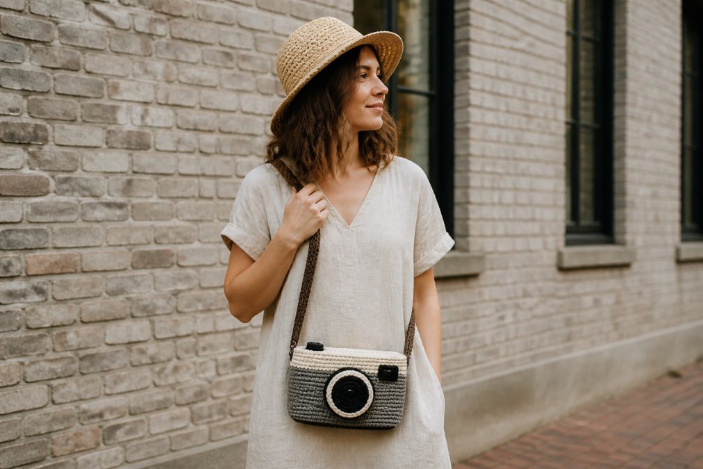 A woman in a casual linen dress wearing a handmade crochet camera-shaped crossbody bag over her shoulder, standing against a neutral urban brick wall in soft daylight
