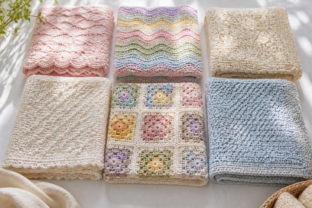 Flat lay of six finished crochet baby blankets in pastel and neutral tones arranged on a soft white backdrop, showcasing different stitch textures including shell stitch, ripples, and granny squares under natural morning light