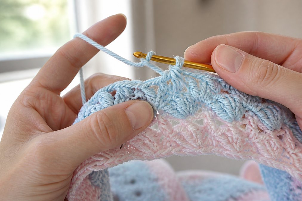 Close-up of hands demonstrating a shell stitch in progress on a crochet hook with soft pastel yarn, showing yarn over and stitch formation clearly under natural window lighting