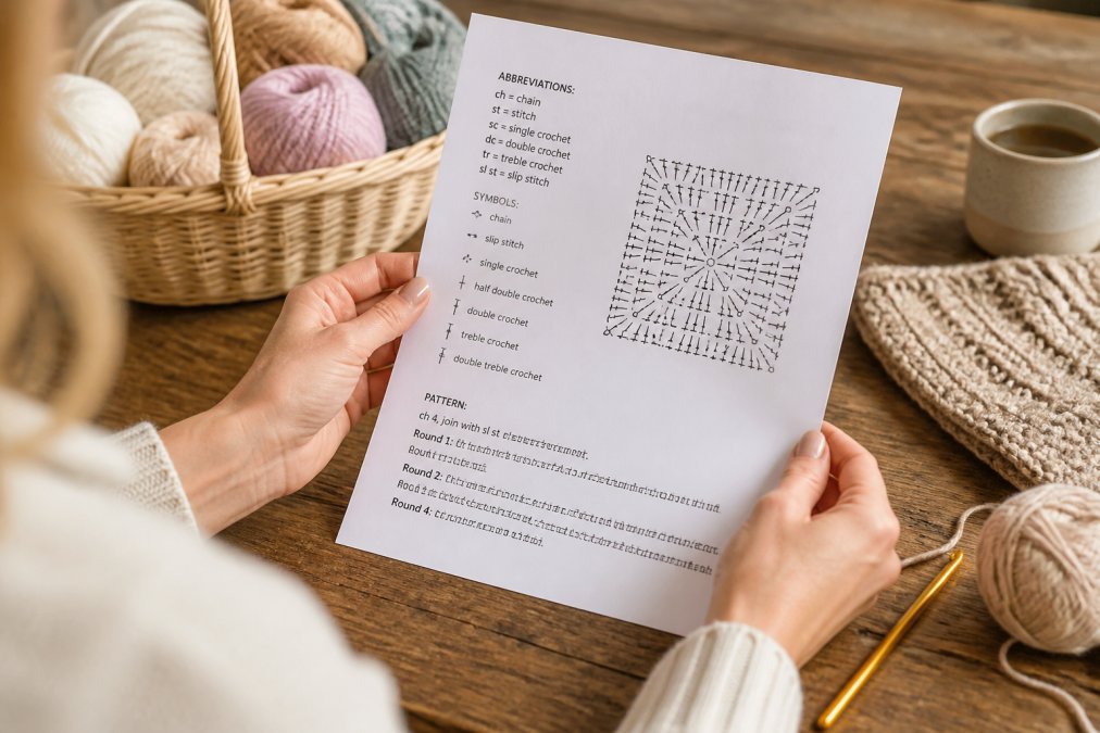 Close-up of hands holding a printed crochet pattern with visible abbreviations and symbols, yarn and crochet hook on a wooden crafting table with natural window lighting