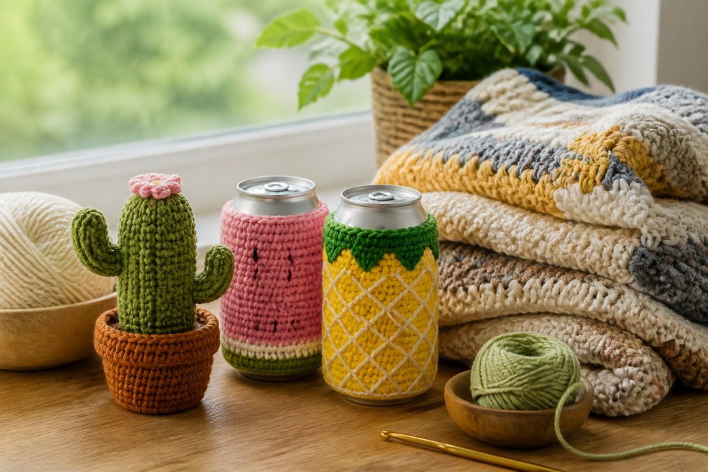 A collection of finished beginner crochet projects arranged together including a simple amigurumi cactus, colorful fruit coozies, and a soft blanket in natural daylight