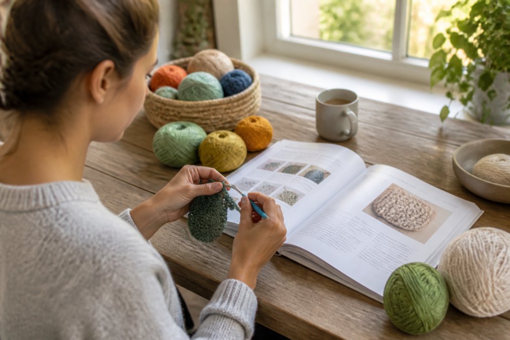 A beginner crocheter working at a bright wooden table with a physical crochet pattern book open, yarn in multiple colors arranged nearby, a crochet hook in hand, natural window light illuminating the workspace