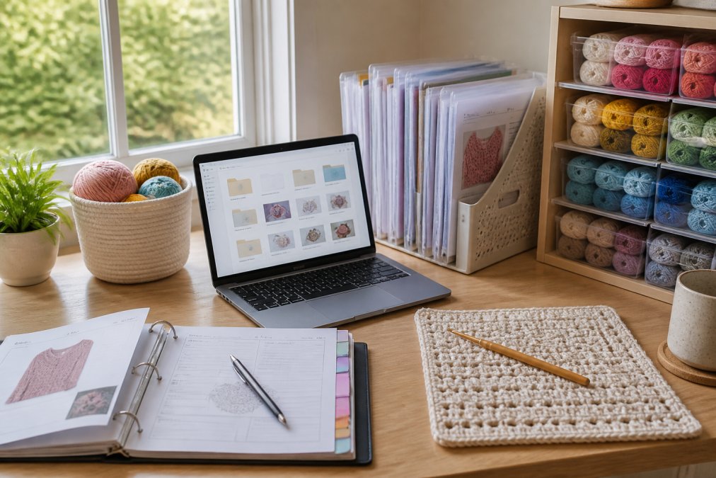 A well-organized crochet workspace with printed patterns filed in clear folders by project type, a printed crochet planner open on the desk, yarn organized by color in labeled bins, and a laptop showing digital patterns in a folder structure, natural light from a nearby window