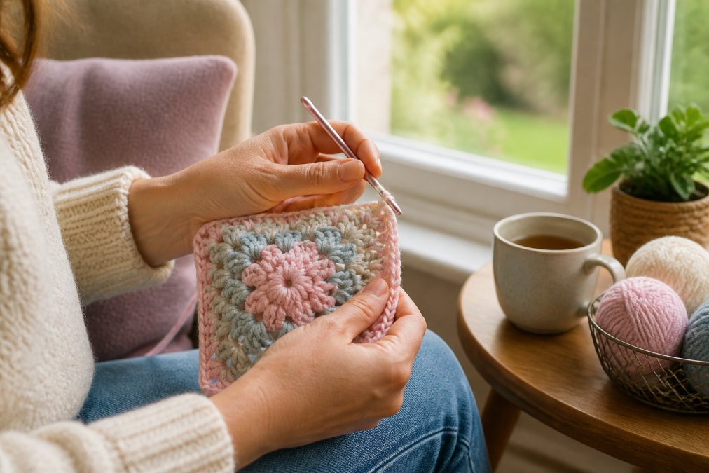 Close-up of a woman's hands crocheting a granny square with soft pastel yarn, sitting in a cozy chair near a window with warm natural light, a cup of tea on the side table