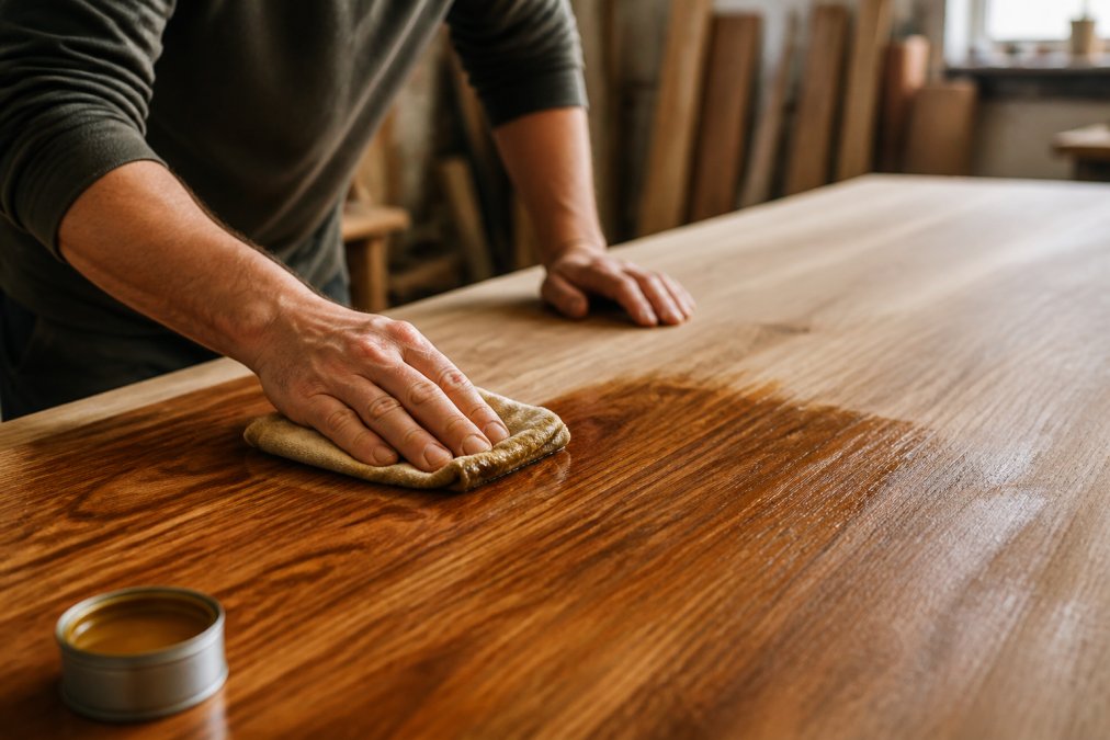 Craftsperson's hands carefully treating and maintaining a natural wood furniture surface with finishing oil, showing detailed artisan care and attention in a workshop setting with natural light