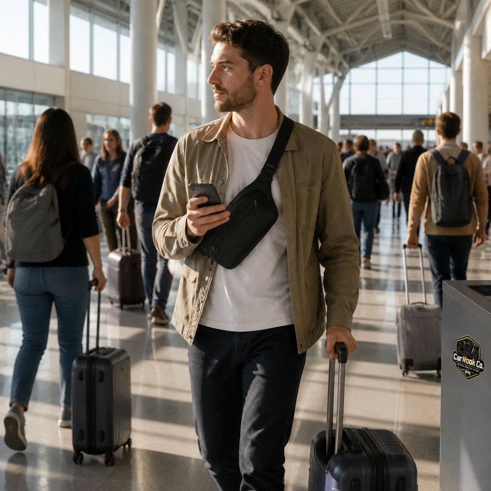 Traveler in casual clothing wearing a crossbody bag while walking through a busy airport terminal with natural light streaming through windows, hands free and focused on navigating the crowd