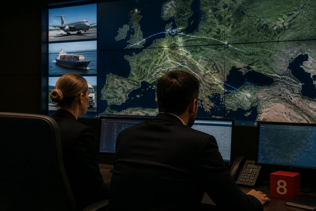 A defense logistics control room with large wall screens showing a map of Europe and shipment tracking data, two professionals in business attire monitoring operations under low ambient lighting