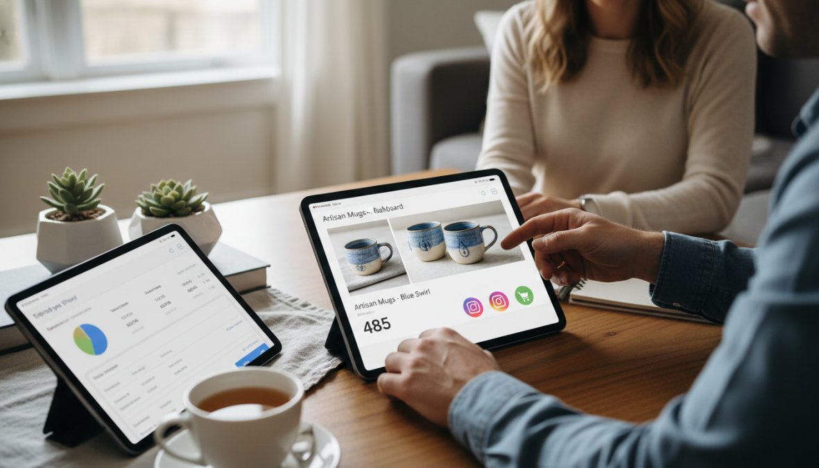Close-up of hands using a tablet displaying a centralized product dashboard with inventory numbers and channel icons for Shopify, Instagram, and Google Shopping, in a bright home office with natural light