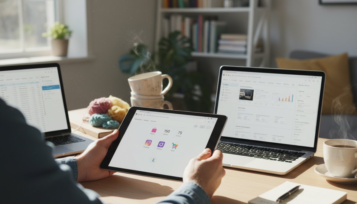 A small business owner sitting at a wooden desk surrounded by handmade ceramic products, reviewing sales data on a laptop with multiple browser tabs open showing different e-commerce platforms, warm natural window light