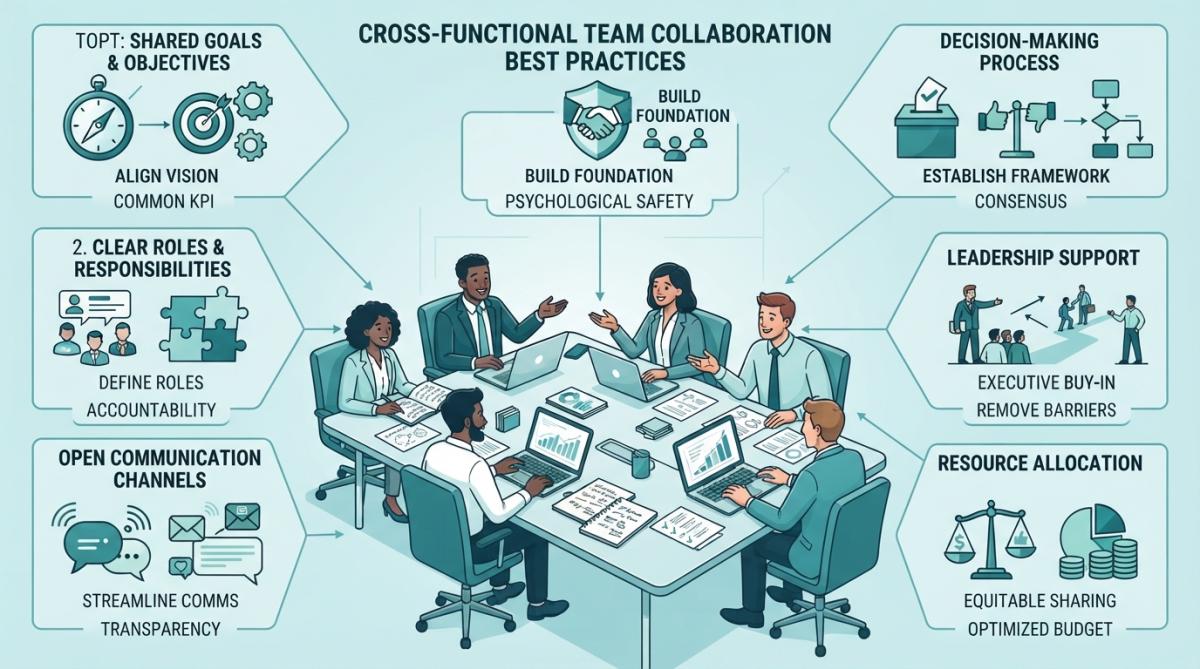 Diverse team of professionals from different departments collaborating around a conference table with laptops and notes, discussing strategy with focused engagement