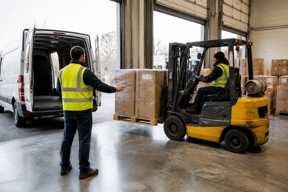 Warehouse worker guiding a forklift during cross docking services at a busy loading dock facility
