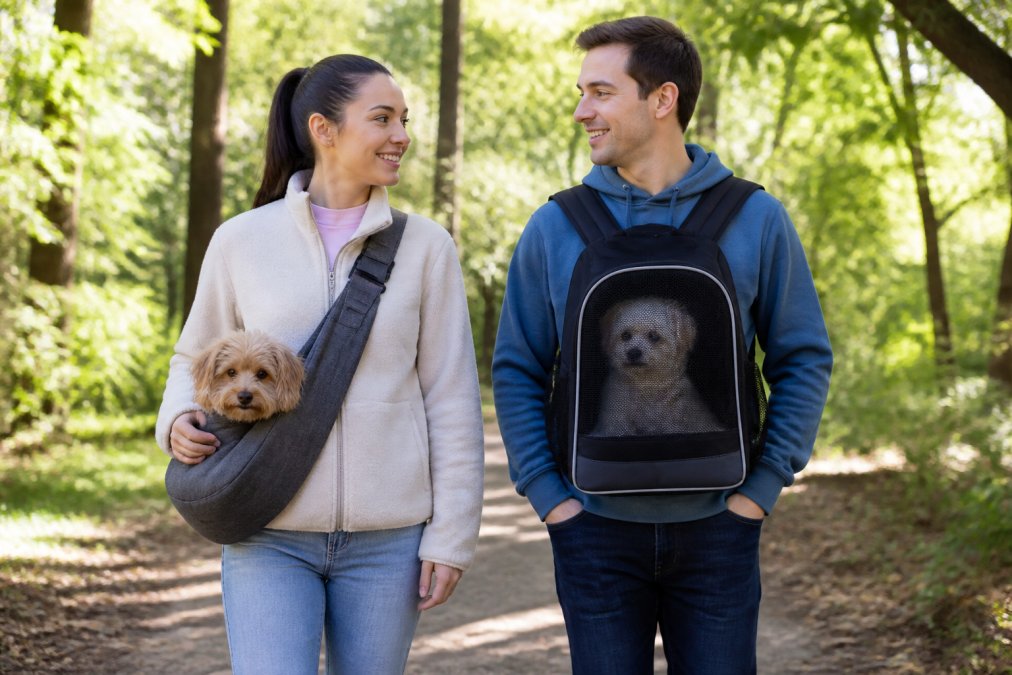 Pet owner wearing crossbody sling with small dog on one side standing next to another pet owner wearing front-hugging backpack carrier with small dog visible through mesh panel, both outdoors in natural daylight