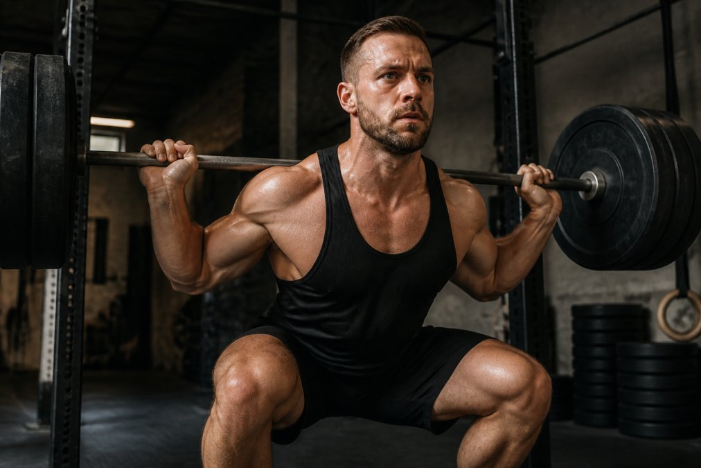Athlete performing heavy barbell squat in gym wearing black shorts and singlet, sweat visible on face and torso, focused expression during intense lift with weight plates visible in background