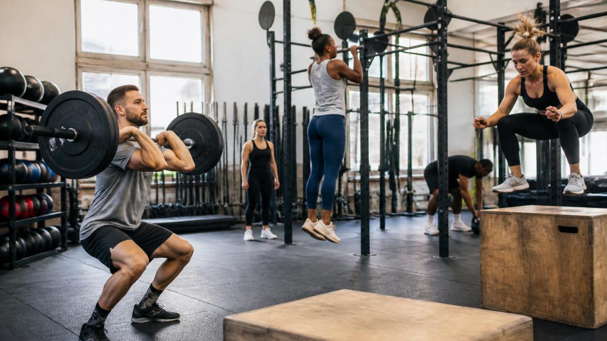 Diverse group of athletes performing functional fitness movements in a modern gym, one person executing a barbell clean, another working on pull-up bar skills, someone performing box jumps, showing variety in training styles and inclusive community environment with bright natural lighting