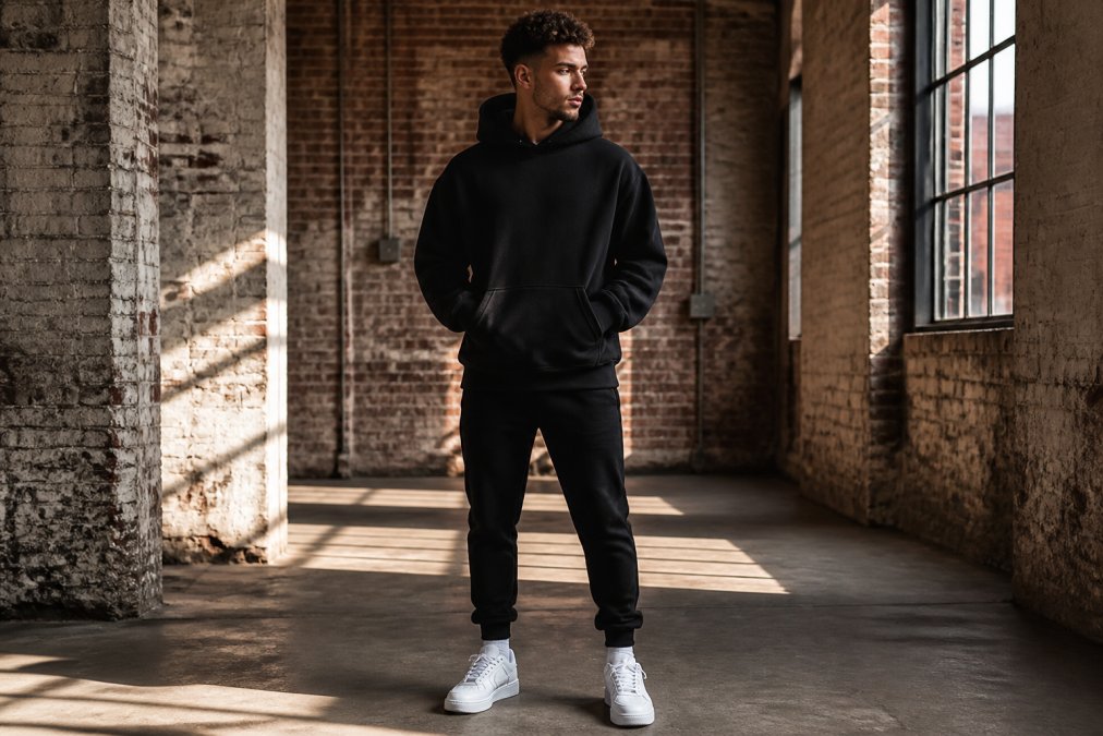 Young man wearing oversized CRTZ hoodie with slim joggers and white trainers, standing in urban warehouse setting with brick walls and natural afternoon light, demonstrating drop culture aesthetic and silhouette