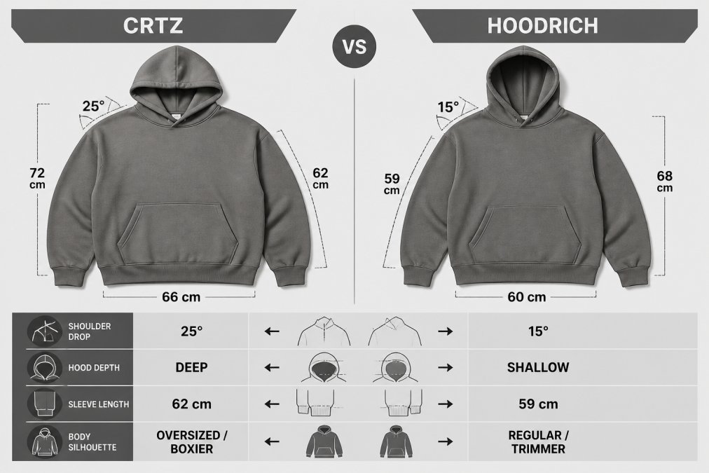 Close-up of two hoodies displayed side by side on neutral surface showing visible differences in shoulder drop angle, hood depth, sleeve length, and overall body silhouette between brands