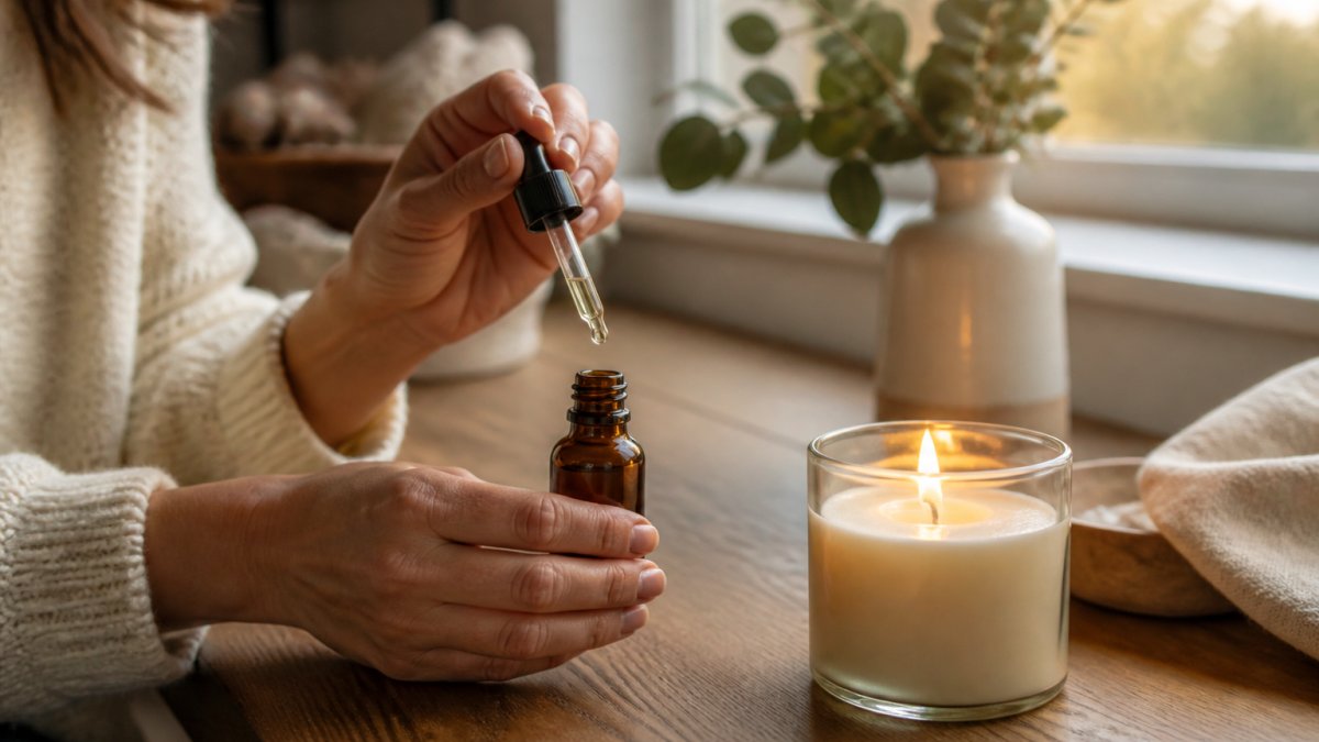 A close-up of a person's hands holding a small amber glass bottle of home fragrance next to a lit candle on a wooden table, with soft natural light coming through a window in a cozy home setting