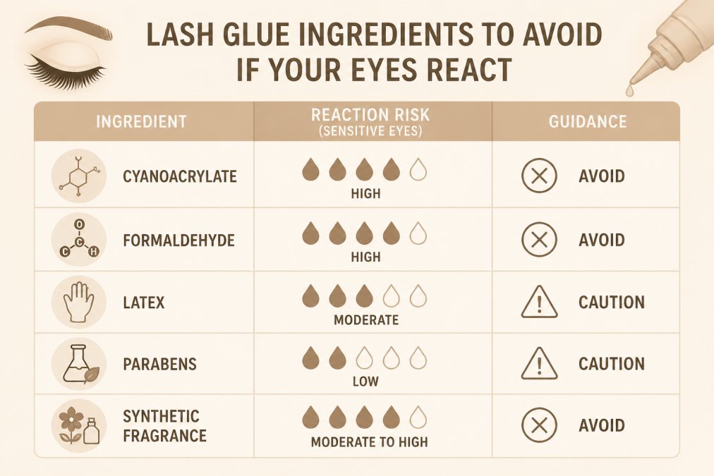 Comparison matrix listing lash adhesive ingredients cyanoacrylate, formaldehyde, latex, parabens and synthetic fragrance against reaction risk for sensitive eyes, marked avoid, caution or generally tolerated