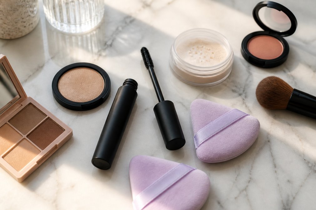A flat lay of cruelty-free makeup products including a black mascara tube and pastel purple makeup puffs arranged on a white marble surface with soft natural window lighting