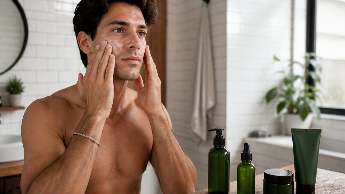 Man applying cruelty-free skincare products in a modern bathroom with natural morning light, demonstrating cleansing with a gentle face wash, applying moisturizer to damp skin, and finishing with sunscreen application