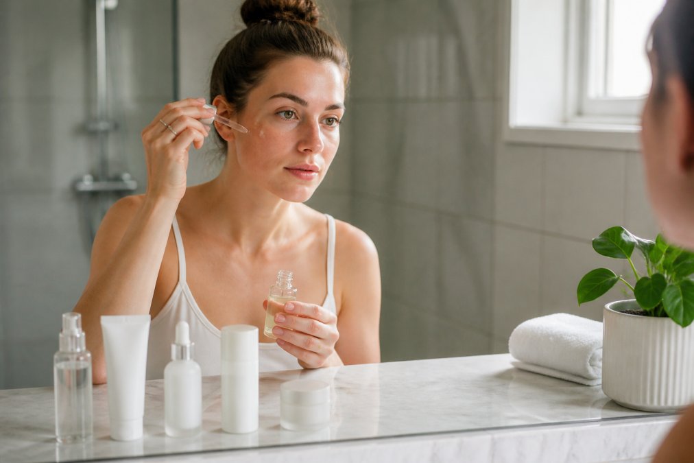 Woman with sensitive skin applying facial serum from a dropper bottle in a bright bathroom with products on a marble counter