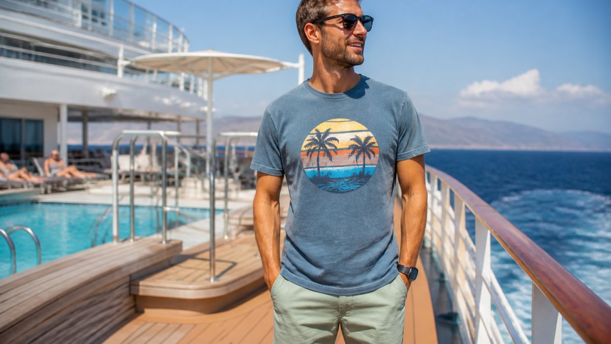 A man in a relaxed garment-dyed graphic t-shirt and shorts standing on a cruise ship deck near the pool, bright sunlight, ocean horizon behind him, casual vacation atmosphere