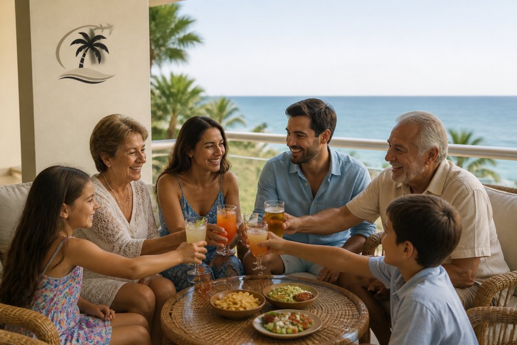 Multi-generational family relaxing on an oceanfront resort balcony while comparing cruises vs all-inclusive resorts.