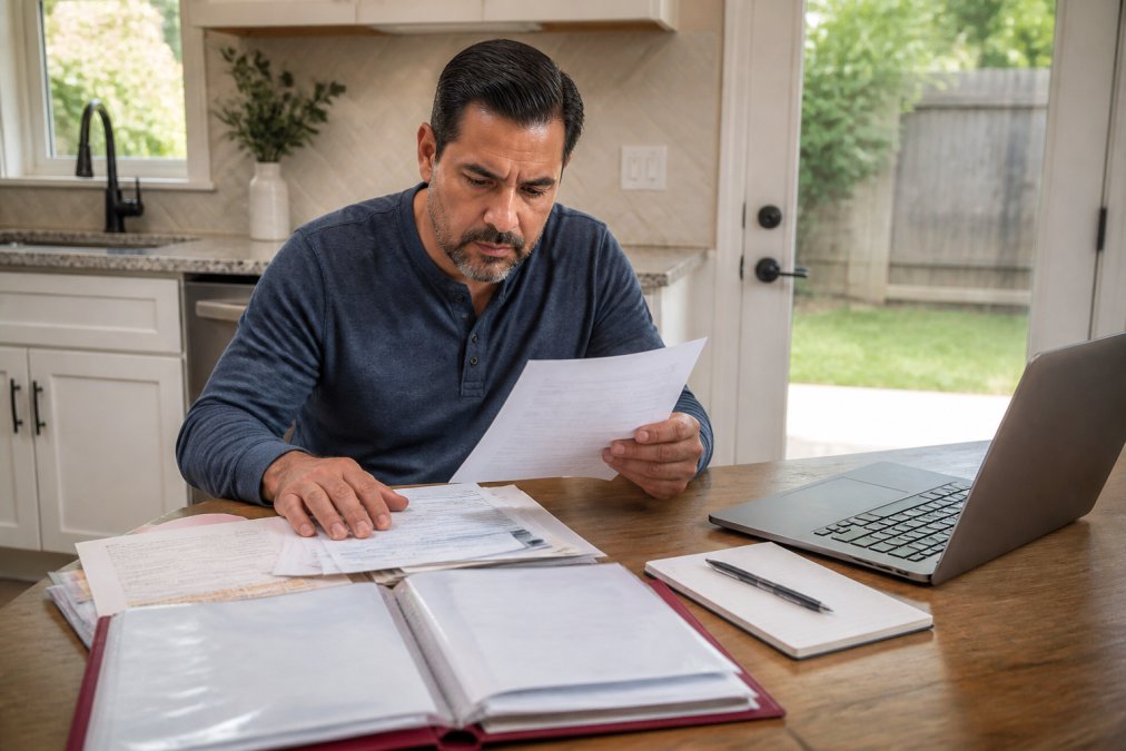 Homeowner sitting at kitchen table reviewing contractor credentials, insurance certificates, and project estimates with a laptop and folder of documents, natural afternoon light through window