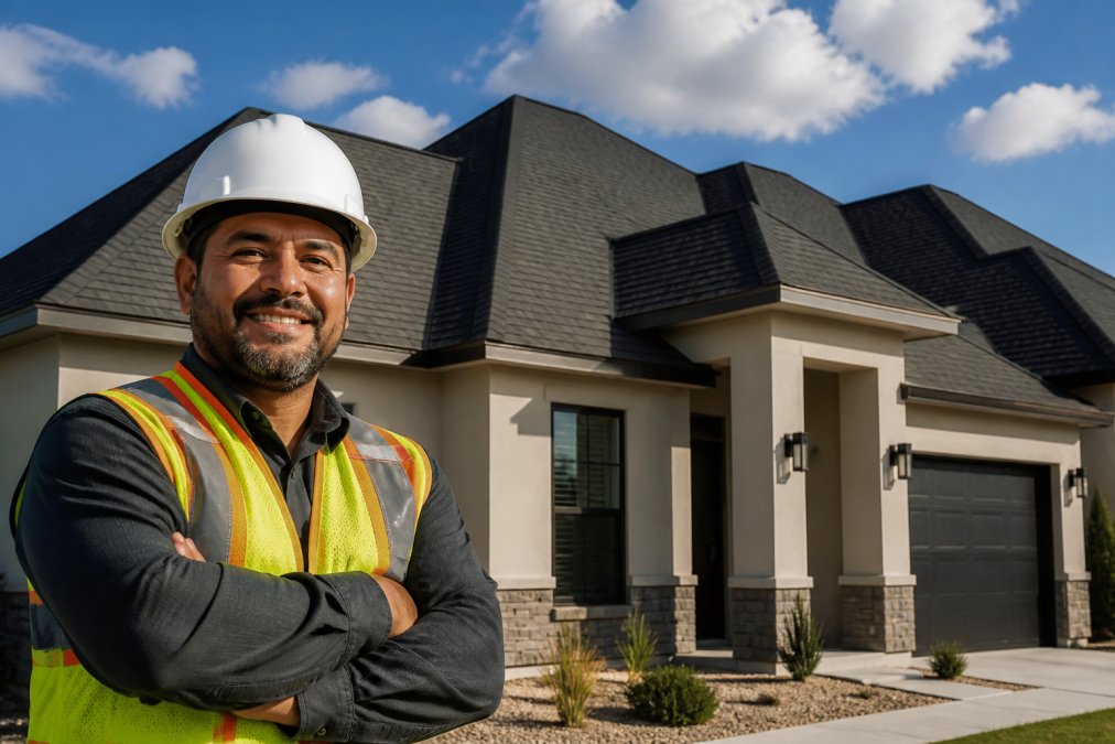 Professional contractor in hard hat and safety vest standing in front of completed residential roofing installation on modern home, bright afternoon sunlight, clearly visible quality workmanship