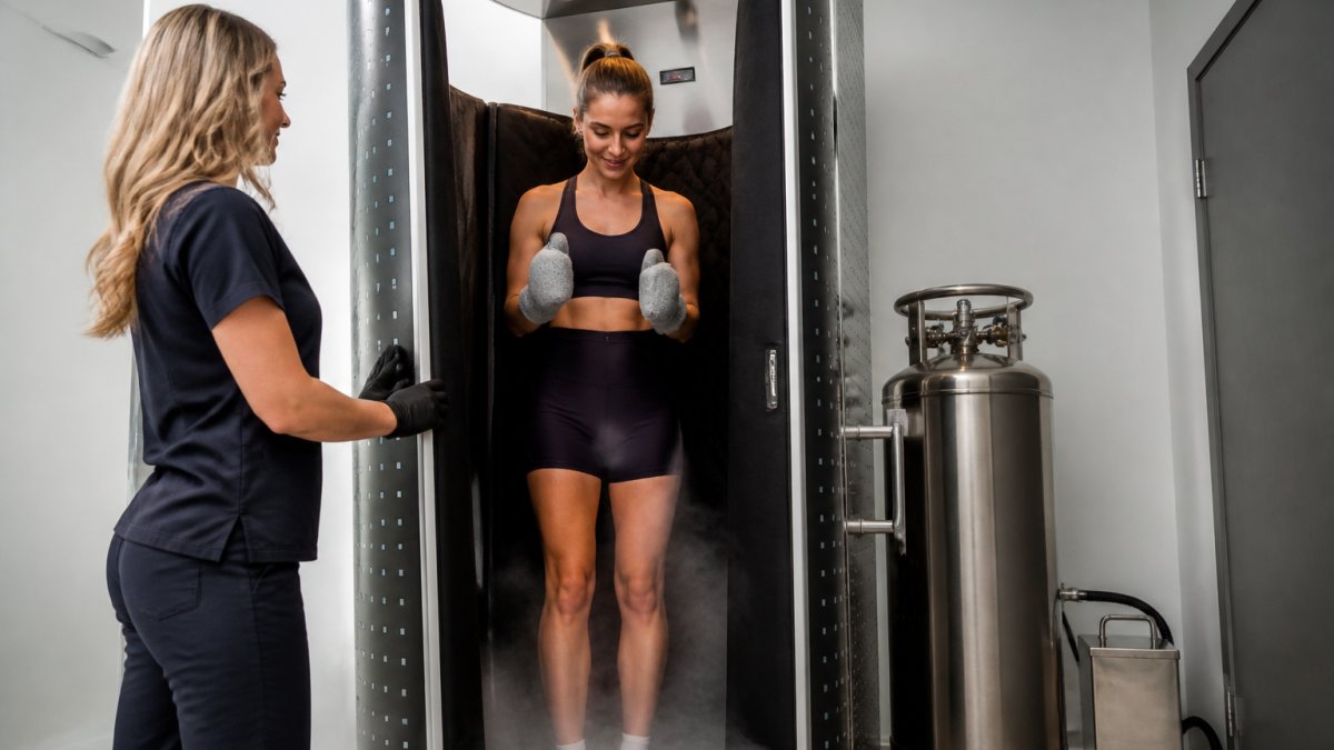 A woman in protective gloves and wool socks standing in a modern cryotherapy chamber with a technician nearby, bright clinical setting, frosty vapor visible