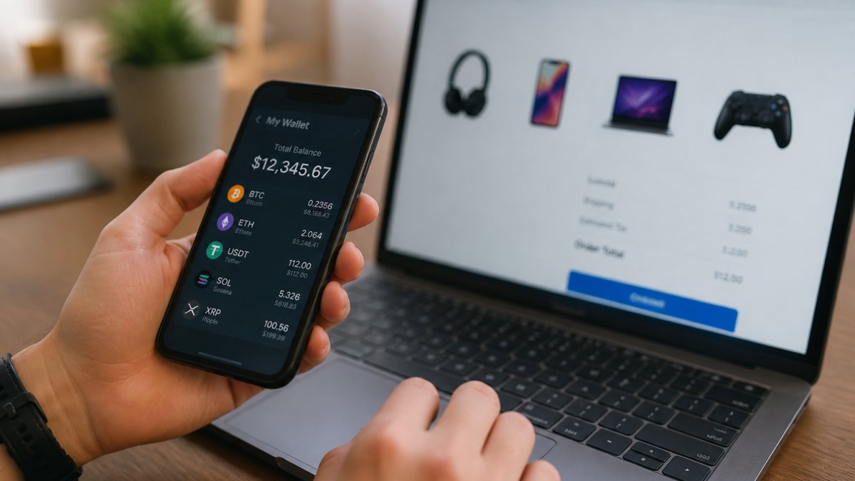 Close-up of hands holding a smartphone displaying a digital wallet app with cryptocurrency balance visible, with a laptop showing an electronics retailer checkout page in the background
