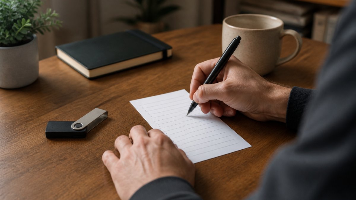 Person writing a recovery seed phrase on paper at a wooden desk with a hardware wallet nearby